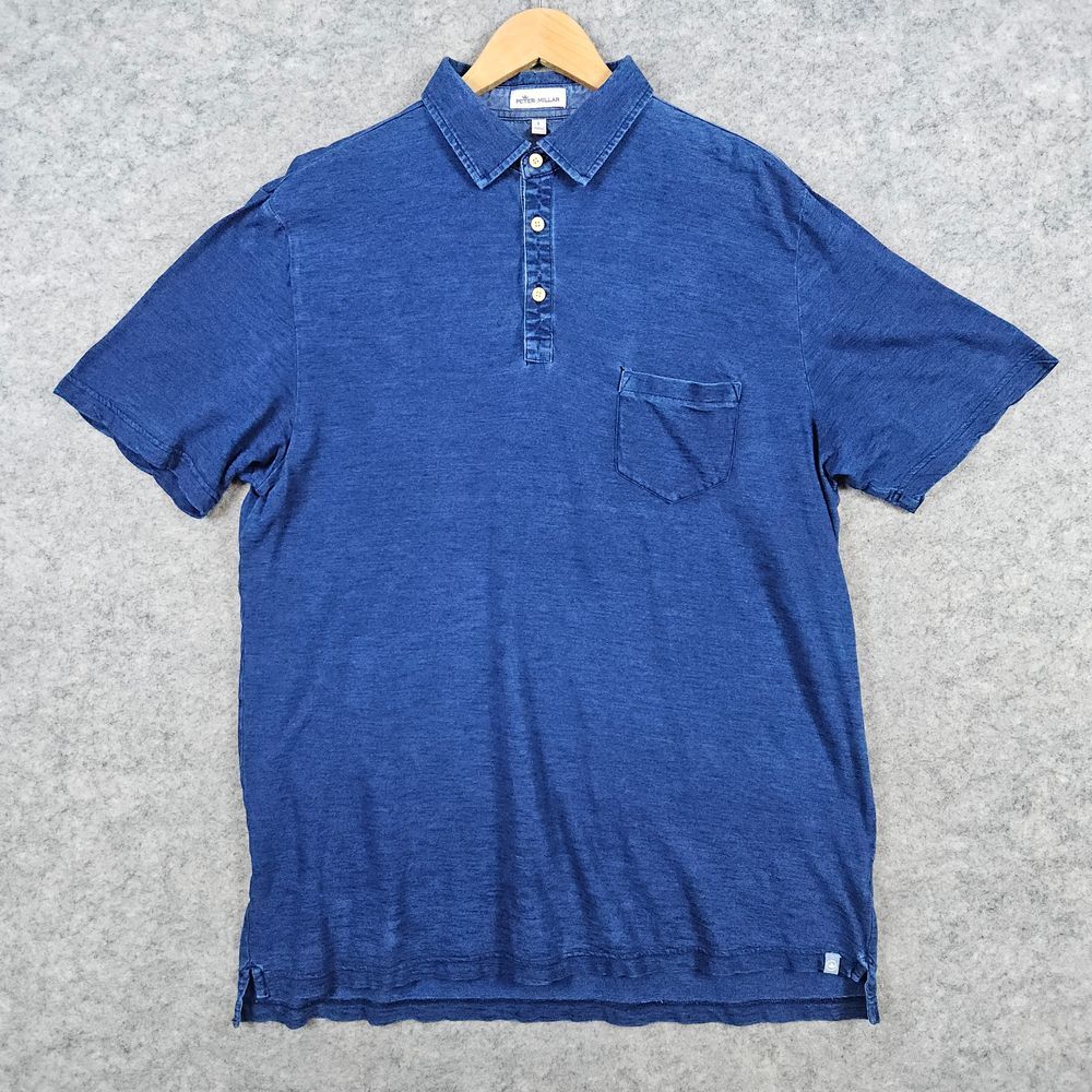 Peter Millar Men's Polo Shirt Size L Heathered Blue 100% Cotton HOLE NEAR POCKET